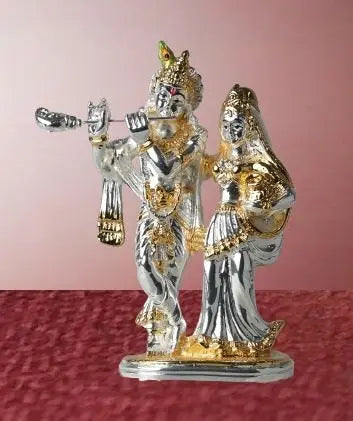 Gold and Silver Plated Radha Krishna Idol - 5.75" Decorative Figurine for Home Temple, Office, and Gifts Attractive Sister