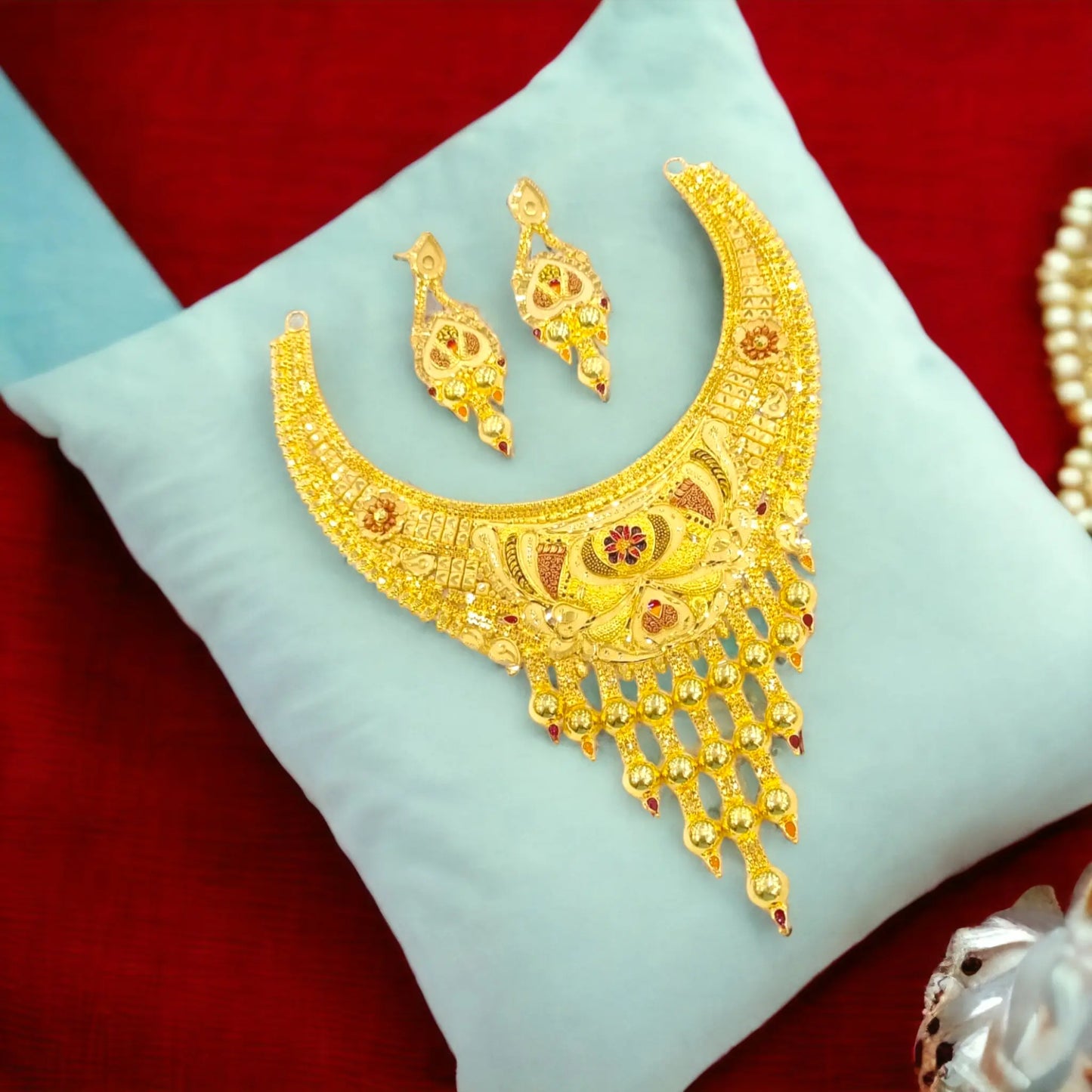 Statement Gold Plated Necklace Set with Matching Earrings Attractive Sister