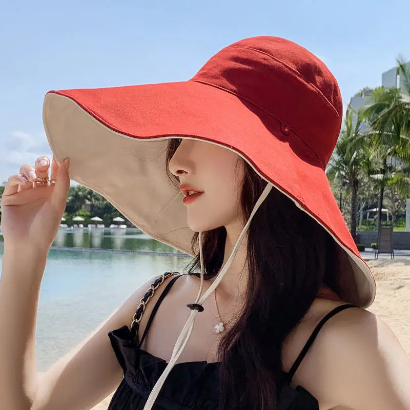 Double-Sided Oversized Brim Sunscreen Fisherman Hat Female CJ