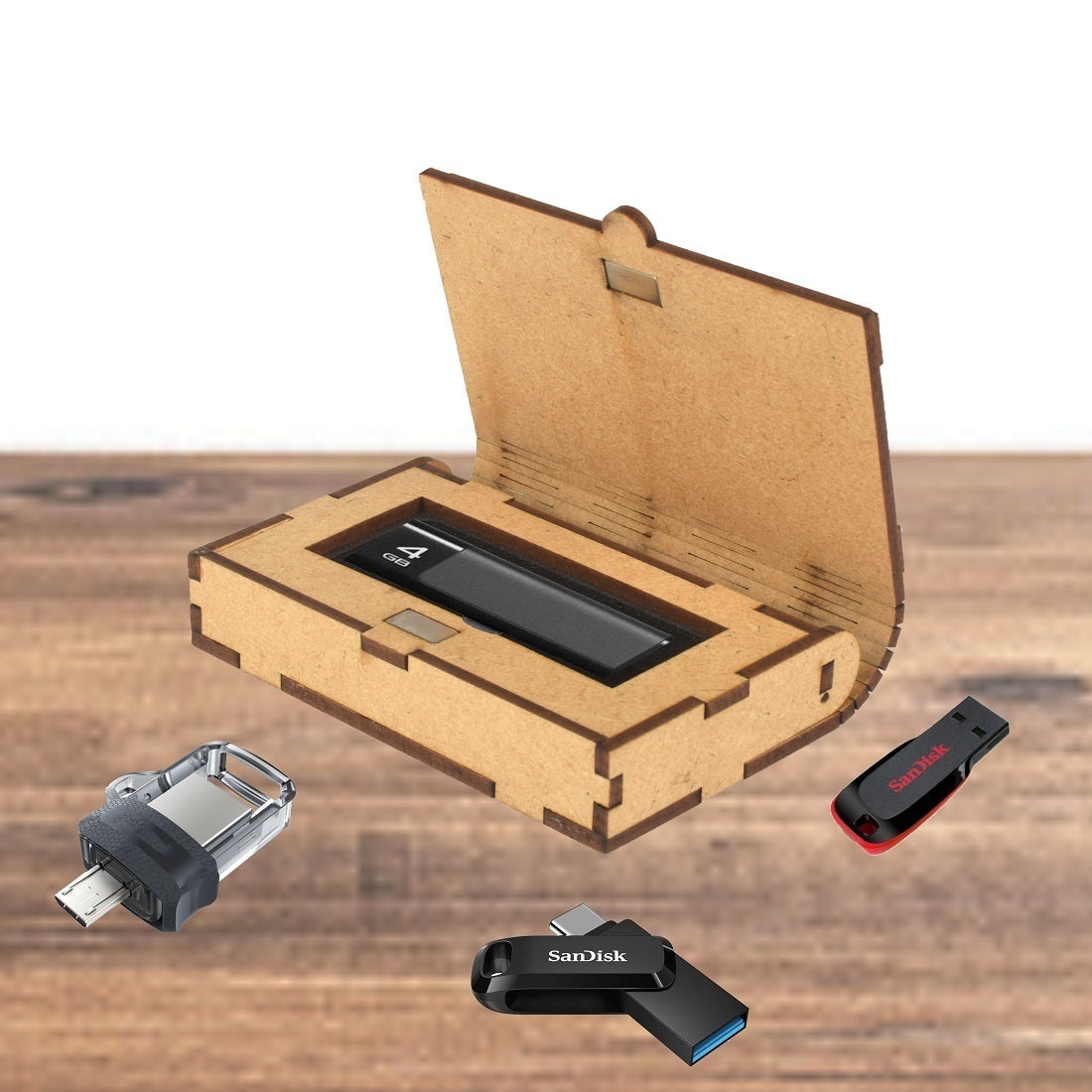 Wooden Pen Drive Organizer Box with Cover & Compartments – Elegant USB Storage Holder Attractive Sister