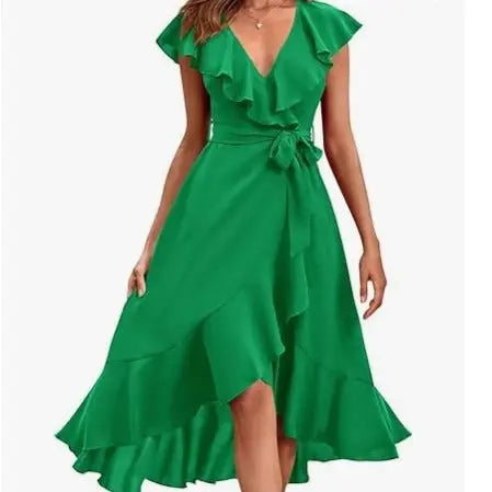 Women's V-neck Short Sleeve Ruffles Long Tie Dress CJ
