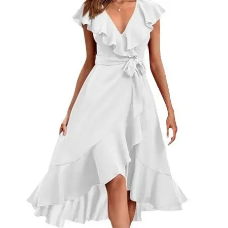 Women's V-neck Short Sleeve Ruffles Long Tie Dress CJ