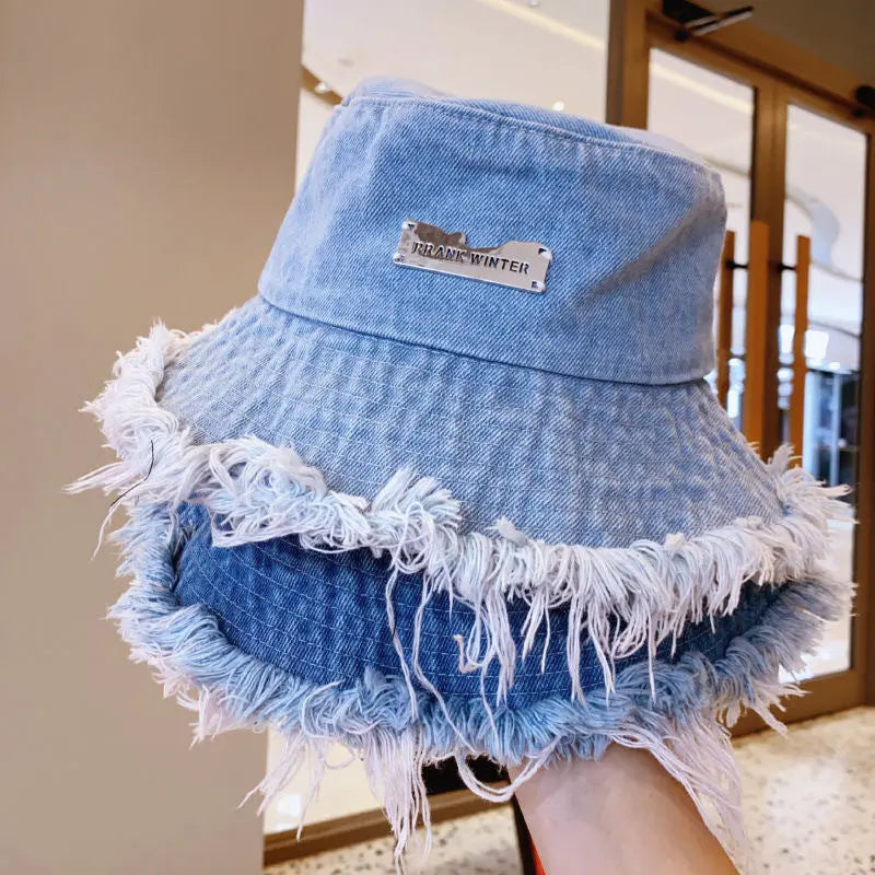Jean Fisherman Hat Women's Spring And Summer Thin Washed Old Frayed Edge Bucket Hat Outdoor CJ