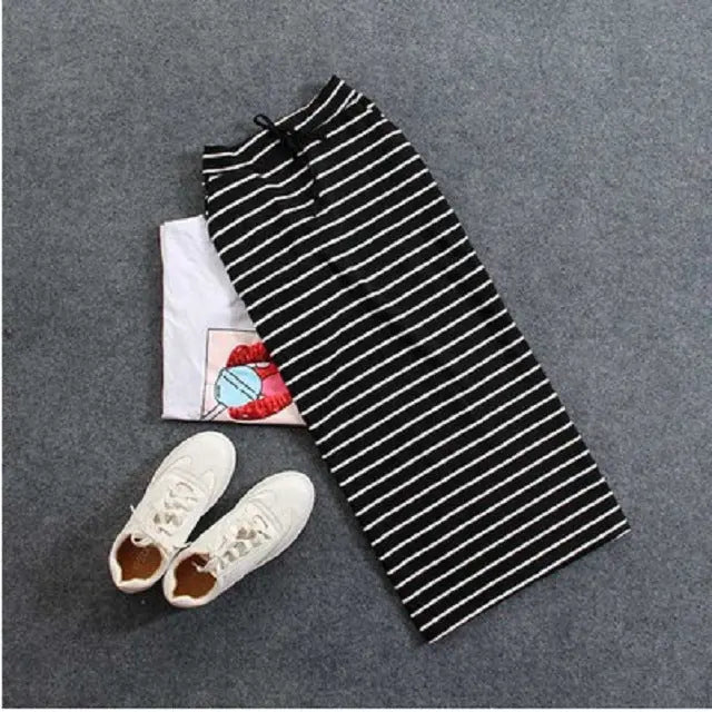 Black And White Striped Casual Pocket Mid-length Bag Hip Skirt CJ