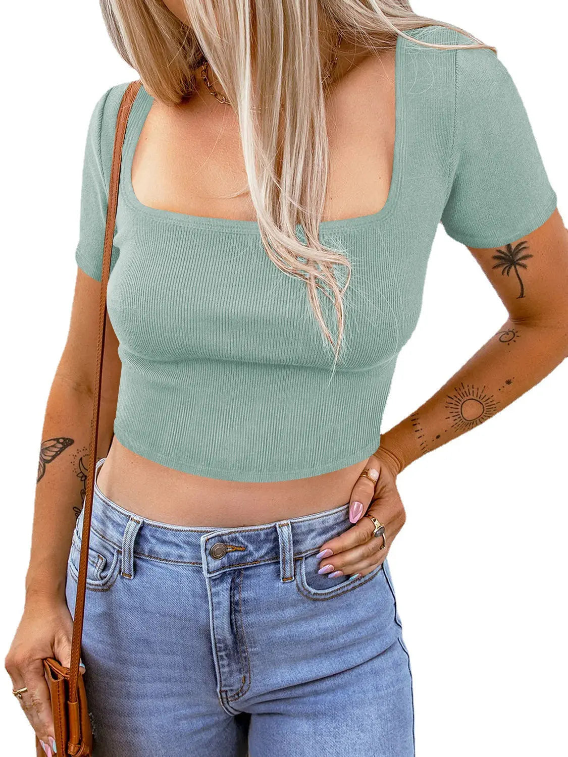 Women's Square Collar Thread Knitted Ultra Short Top Short Sleeve CJ