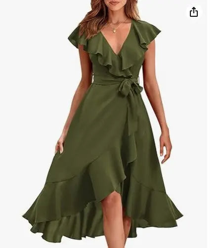 Women's V-neck Short Sleeve Ruffles Long Tie Dress CJ