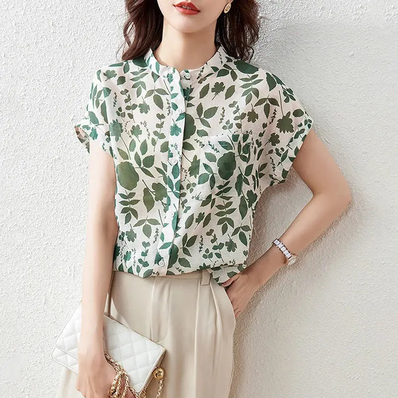Chiffon Shirt Women's Short-sleeved Floral Top Fashionable Stylish French Printed Shirt Thin CJ