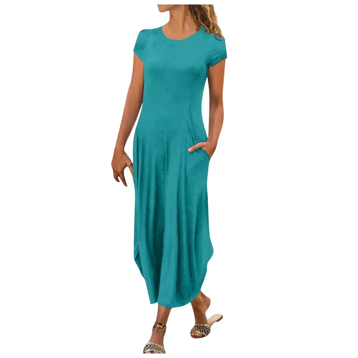 Pullover Short Sleeve Round Neck Mid Waist Solid Color Dress CJ