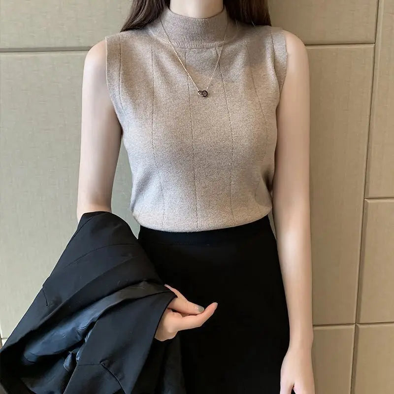 Half-high Neck Sleeveless Knit Sweater Slim Thin Bottoming Shirt With Vest And Short Top CJ