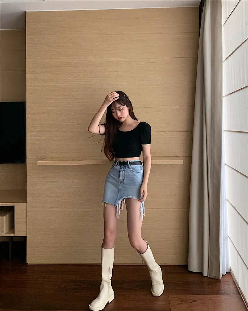 Denim Skirt Women Retro Irregular High Waist CJ