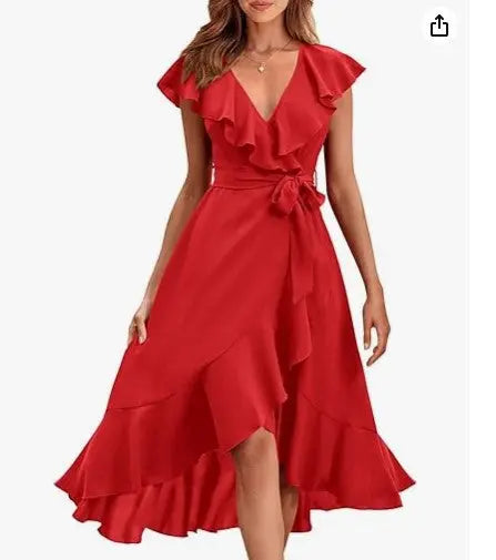Women's V-neck Short Sleeve Ruffles Long Tie Dress CJ