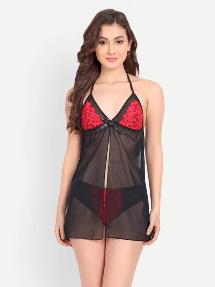 Women's Sexy Black and Red Lingerie Set - Lace Babydoll with Sheer Mesh and Halter Neck Design Attractive Sister
