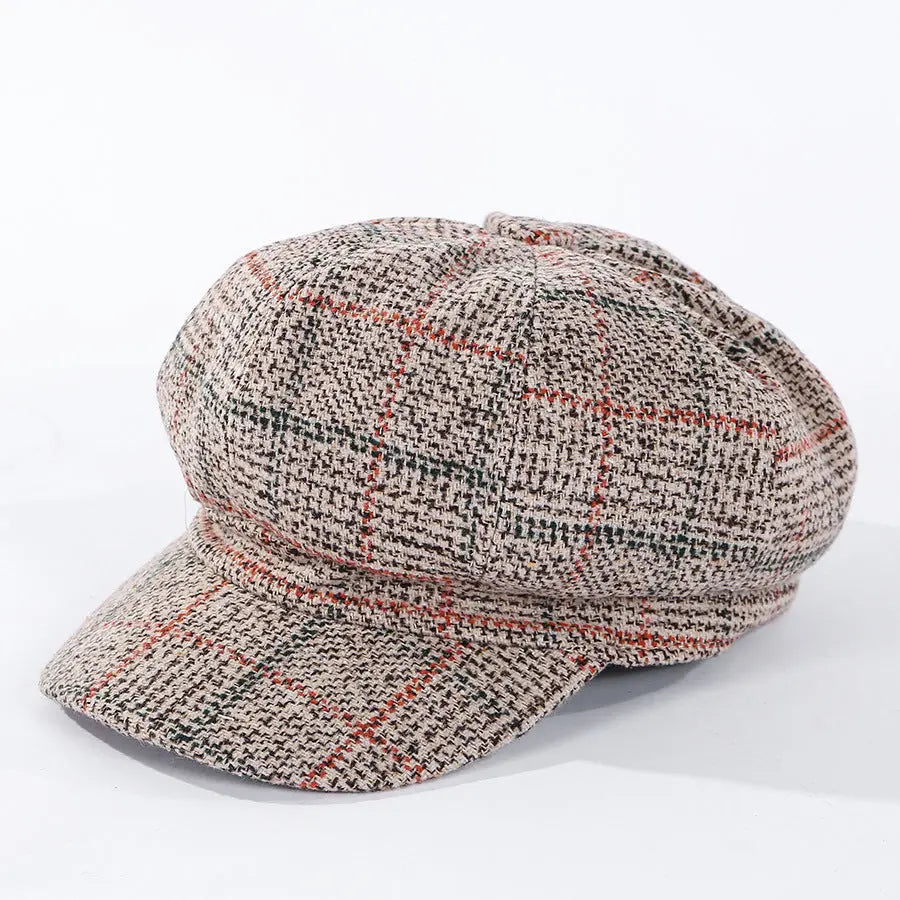 Thickened Plaid Woolen Octagonal Cap Women CJ