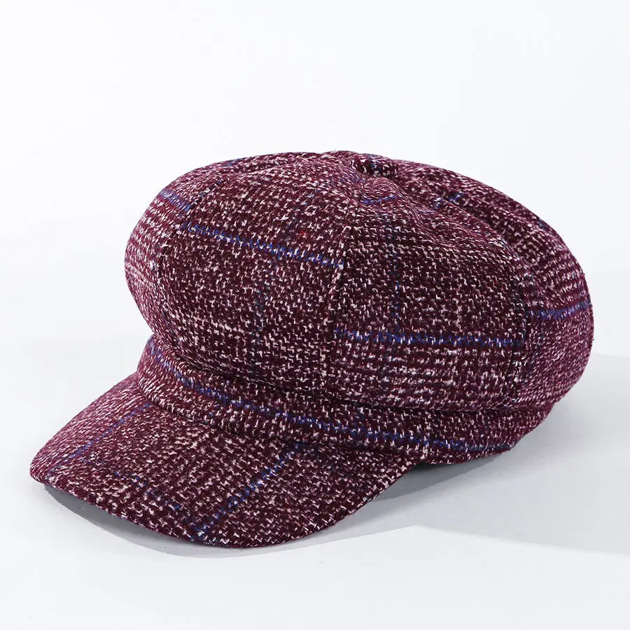 Thickened Plaid Woolen Octagonal Cap Women CJ