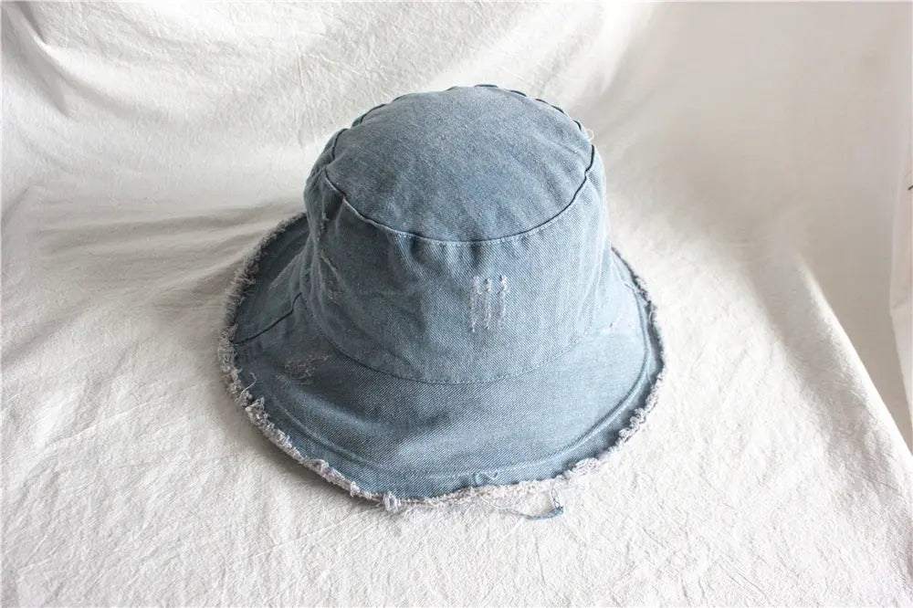 Summer Sunshade Raw Edge Denim Bucket Hat Women CJ