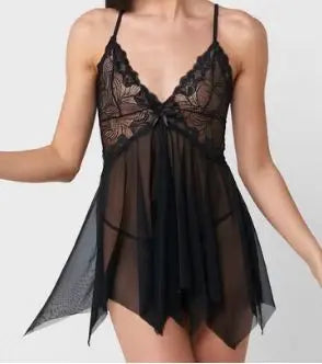 Sheer Lace Babydoll Lingerie Set for Women - Sexy Nightwear in Black, Red, Blue - Adjustable Strap Sleepwear Attractive Sister