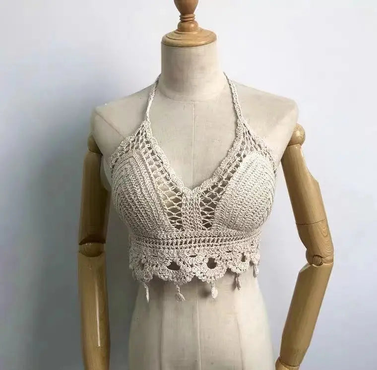 Lace-up Halterneck Exposed Vest Female Openwork Knitted Top CJ