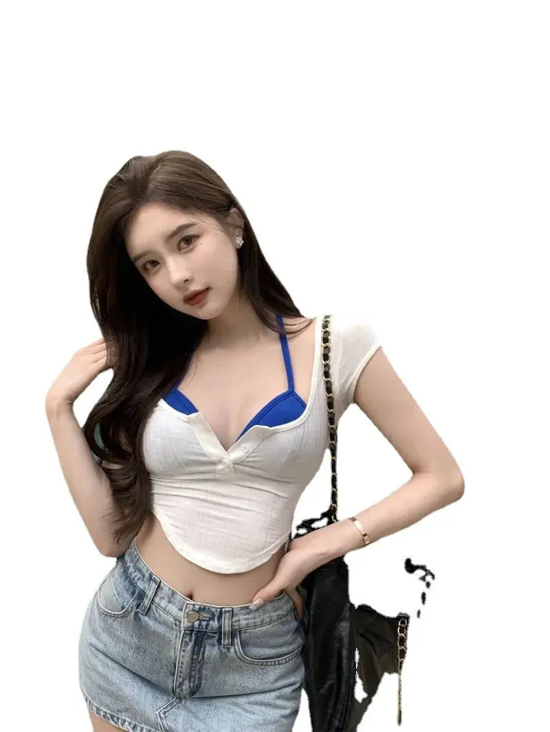 V-neck Slimming Bottoming Short Hot Girl Style Cropped Short-sleeved Top CJ