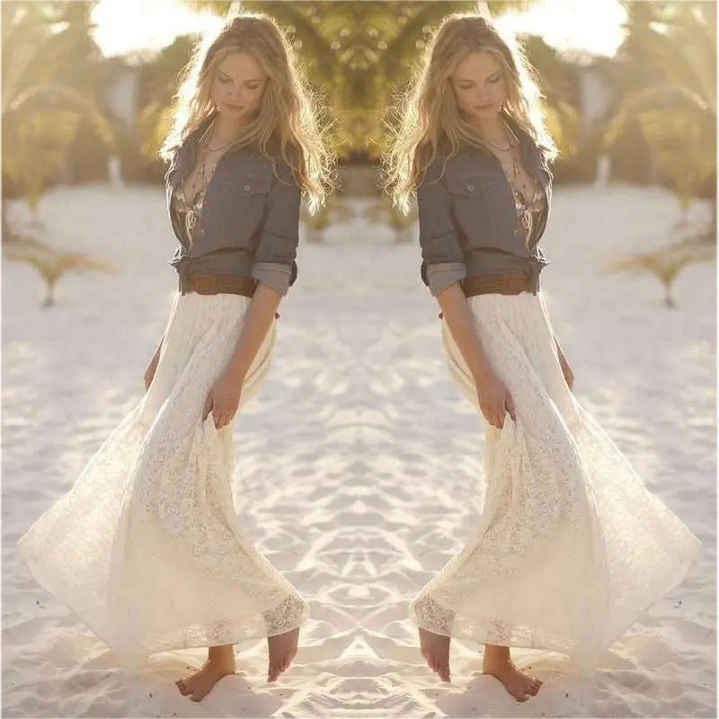 European And American Slim-fit Slimming High Waist Hollow-out Lace Skirt Mid-length Big Hem Umbrella Skirt CJ