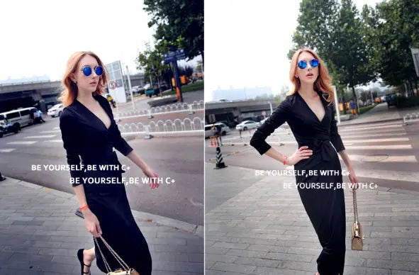 New V-neck Tie Waist Slim Slimming Dress CJ