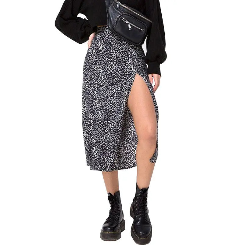 European And American Leopard Print Long Skirt High Waist Slit Hip Skirt CJ