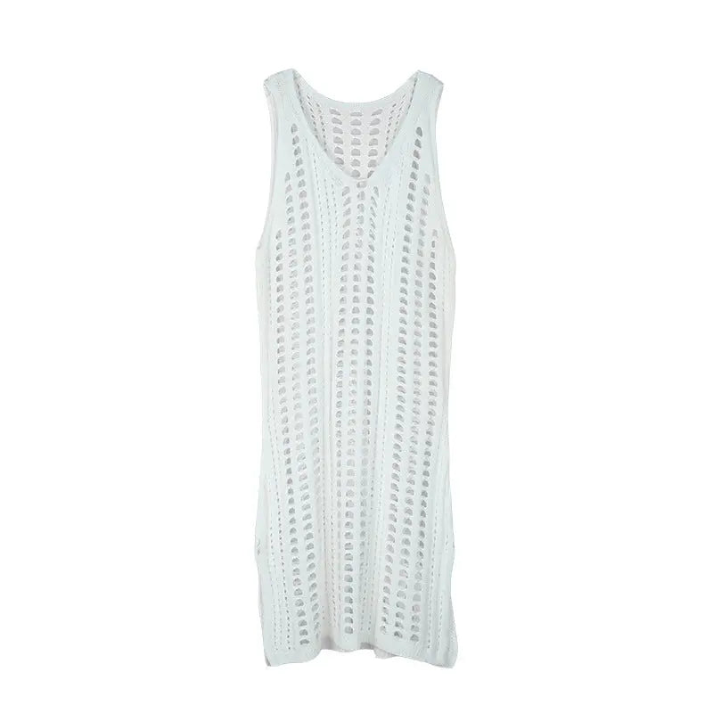 Sexy Hollow Out Beach Dress Women V Neck Sleeveless Crochet Swimsuit Cover Up Vestidos Female Bathing Suit CJ