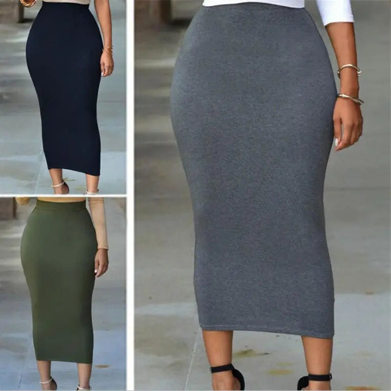 Solid Color Elastic Waist Bag Hip Tight Skirt Mid-length Skirt CJ