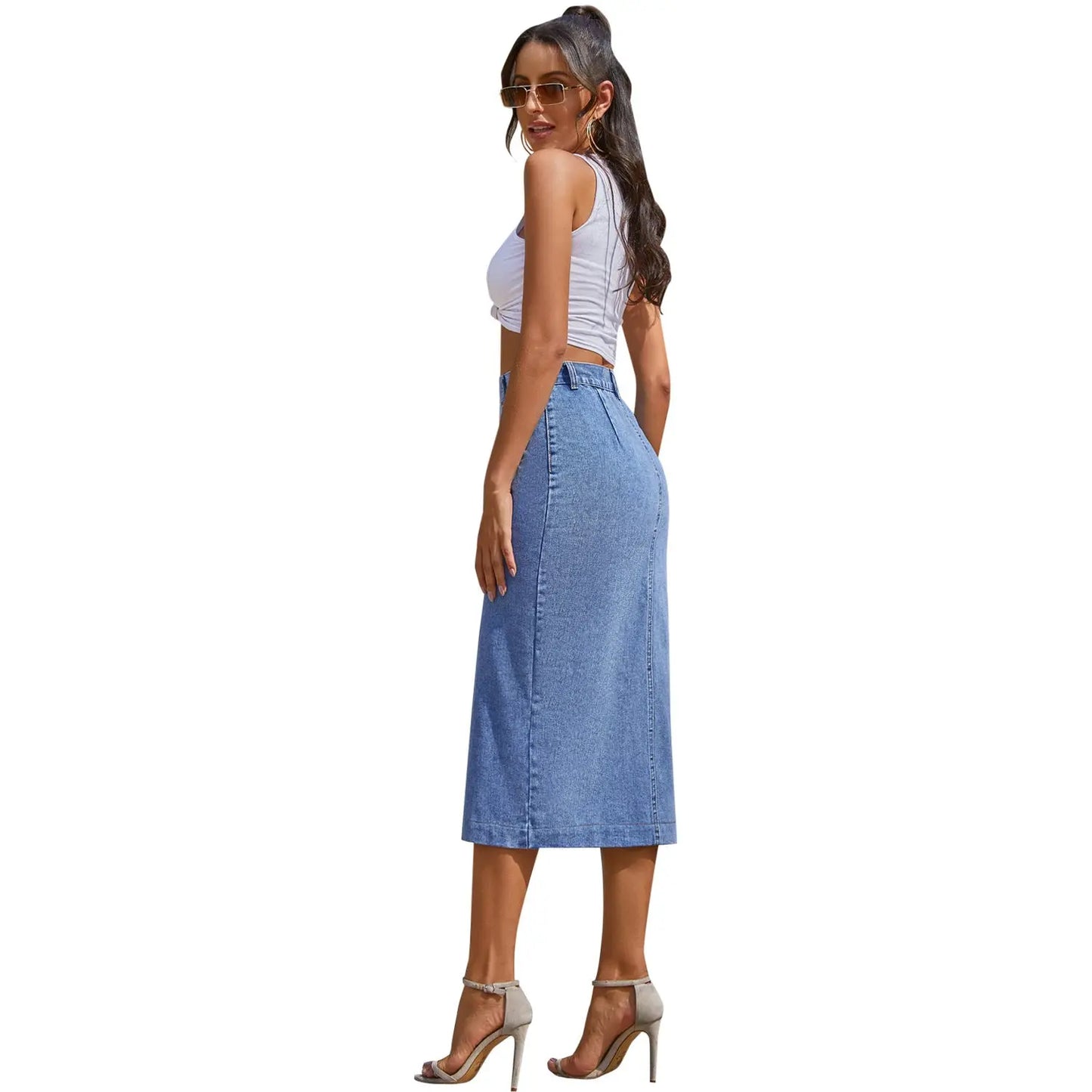 Button Irregular Slit denim High Waist Skirt eprolo