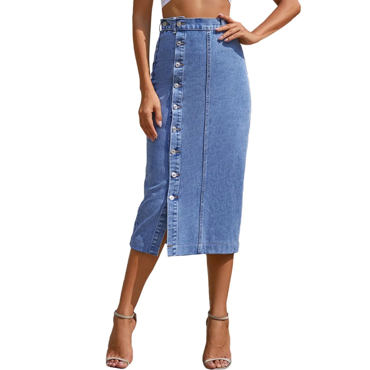 Button Irregular Slit denim High Waist Skirt eprolo