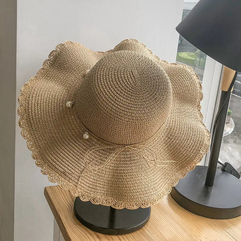 Hat Female Summer Small Wave Big Along The Straw Hat Korean Version Of The Wild Pearl Leisure Sunscreen Beach Sun Hat Tide CJ