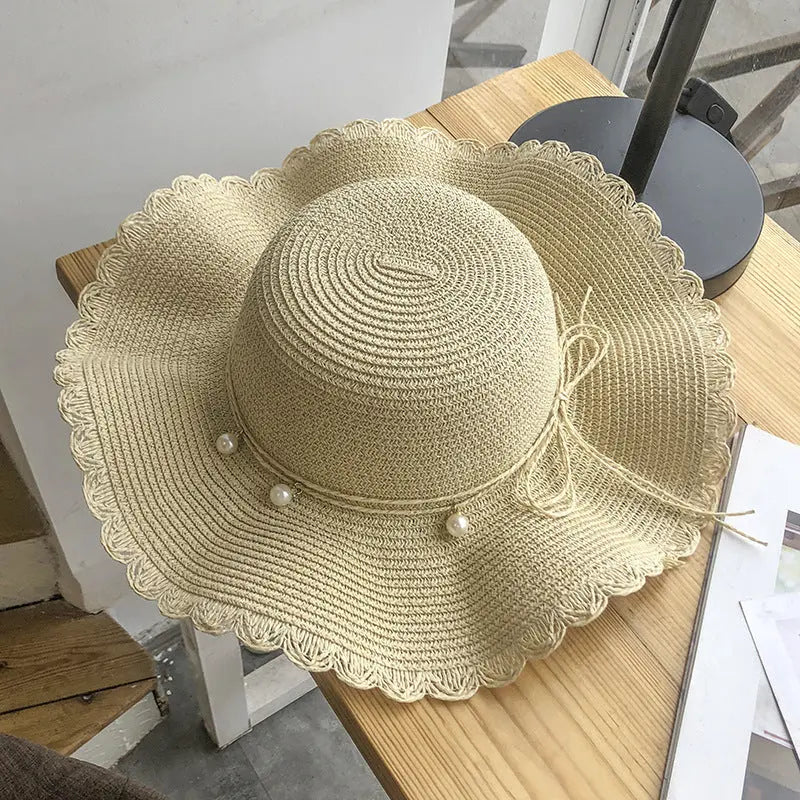 Hat Female Summer Small Wave Big Along The Straw Hat Korean Version Of The Wild Pearl Leisure Sunscreen Beach Sun Hat Tide CJ