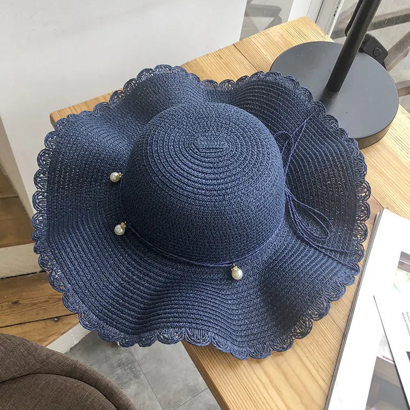 Hat Female Summer Small Wave Big Along The Straw Hat Korean Version Of The Wild Pearl Leisure Sunscreen Beach Sun Hat Tide CJ