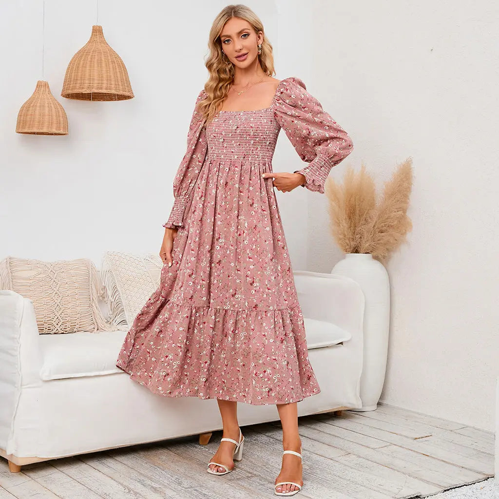 Chiffon European And American Square Collar Horn Printing Comfortable Floral Skirt CJ