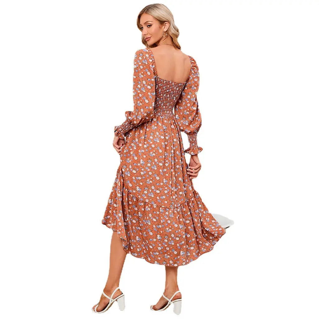 Chiffon European And American Square Collar Horn Printing Comfortable Floral Skirt CJ