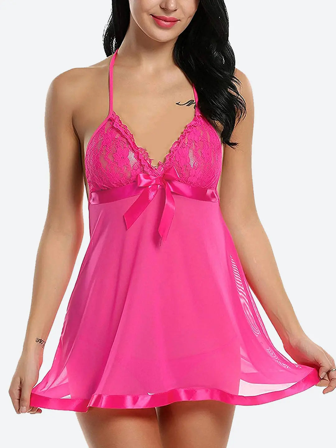 Women's Lace Sheer Babydoll Lingerie with Satin Trim – Halter Neck Sexy Nightwear Attractive Sister