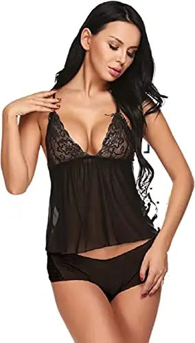 Women's Sexy Green Lace and Black Babydoll Lingerie Set - Sheer Halter Nightwear with Matching Panty Attractive Sister