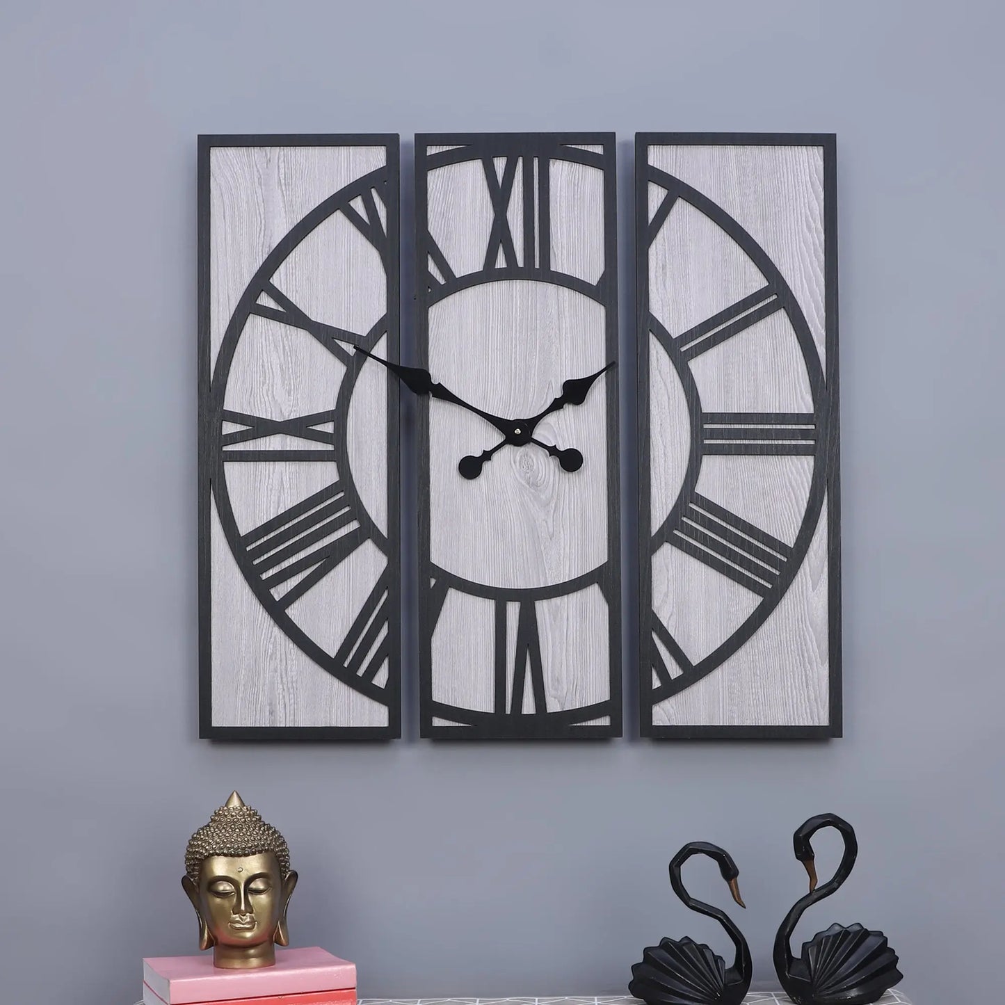 Rustic Wall Clock with Roman Numerals, Large Decorative Wall Art, Unique Home Decor for Living Room, Bedroom, Kitchen, Office / Modern Farmhouse Wall Decor: Three-Piece Wooden Wall Clock with Leather Accents Attractive Sister