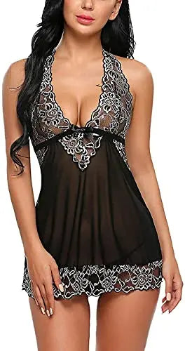 Women's Lingerie Set - Sexy Babydoll Nightwear in Black, Blue and Maroon Colors - Sheer Lace Sleepwear with Adjustable Straps" Attractive Sister
