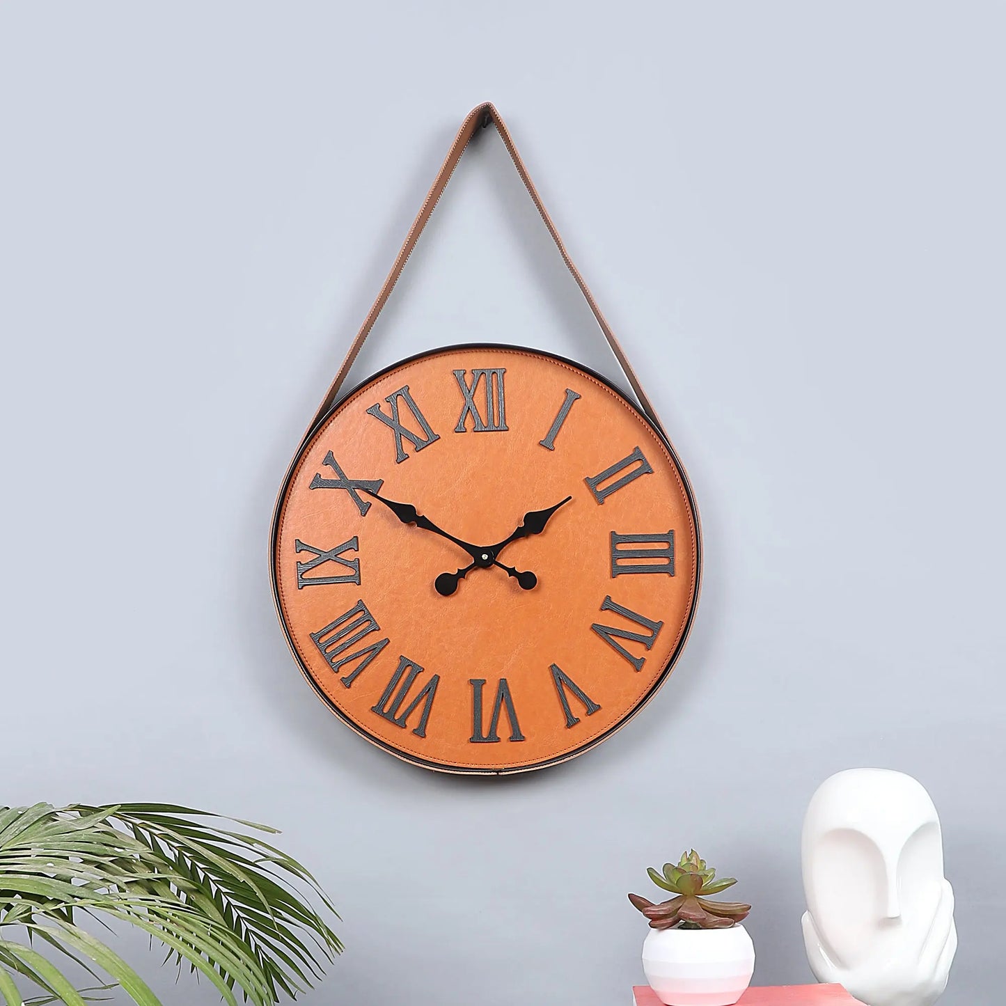 "Modern Classic with Brown Leather Strap Hanging Wall Clock with Roman Numerals" clock's size (60cm/16") Attractive Sister
