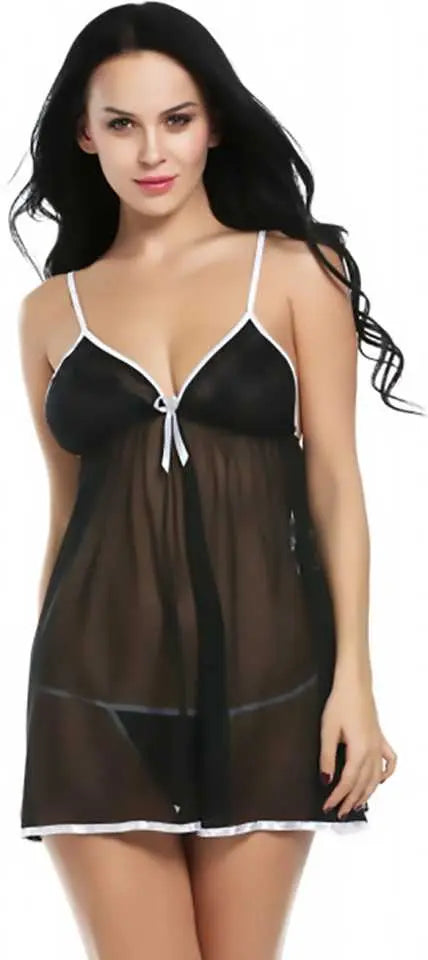 Women's Sexy Black and White Sheer Babydoll Nightwear - Elegant Lingerie with White Trim Accents Attractive Sister
