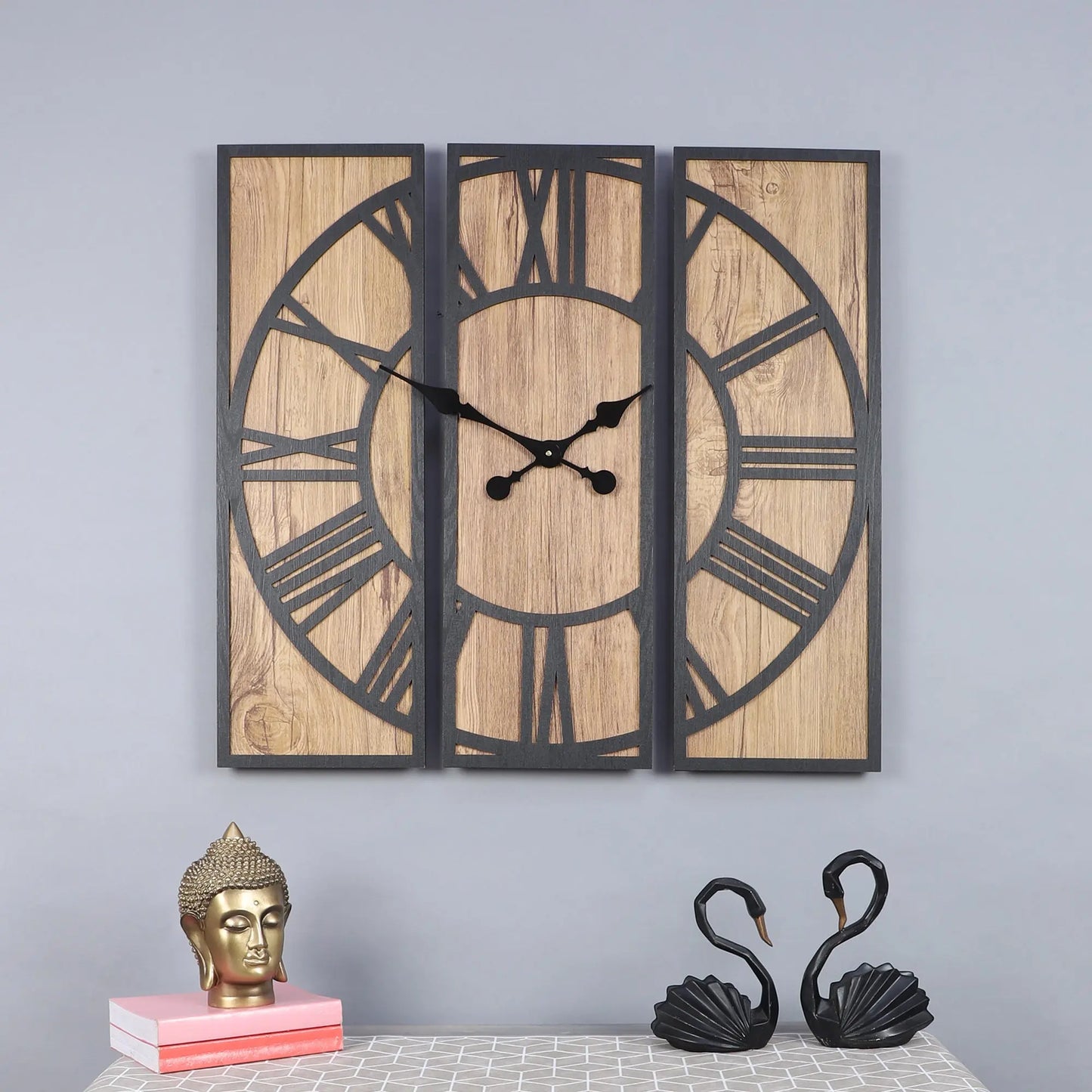 Rustic Wall Clock with Roman Numerals, Large Decorative Wall Art, Unique Home Decor for Living Room, Bedroom, Kitchen, Office / Modern Farmhouse Wall Decor: Three-Piece Wooden Wall Clock with Leather Accents Attractive Sister