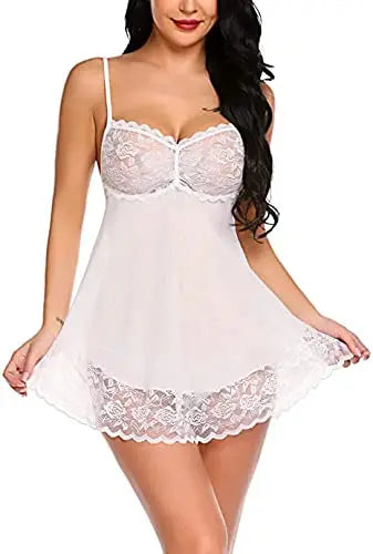 Women's Sexy Sheer Lace Lingerie Set - Babydoll Sleepwear in Black, Maroon, Orange, White - Adjustable Straps Attractive Sister