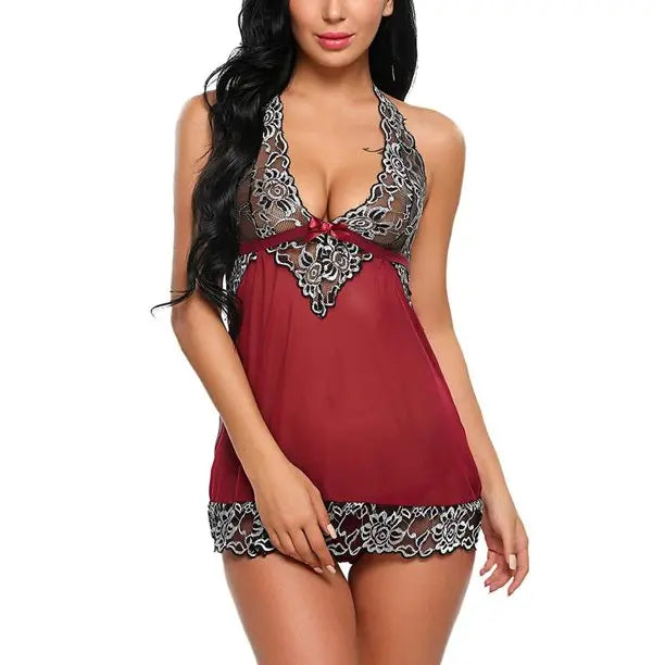 Women's Lingerie Set - Sexy Babydoll Nightwear in Black, Blue and Maroon Colors - Sheer Lace Sleepwear with Adjustable Straps" Attractive Sister