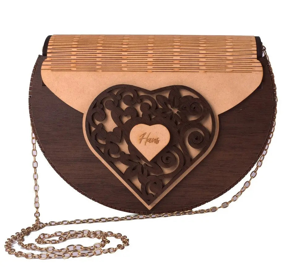 Handcrafted Wooden Heart Engraved Handbag with Gold Chain Strap - Stylish Eco-Friendly Crossbody Bag for Perfect Rakhi Festival Gift for sister Attractive Sister
