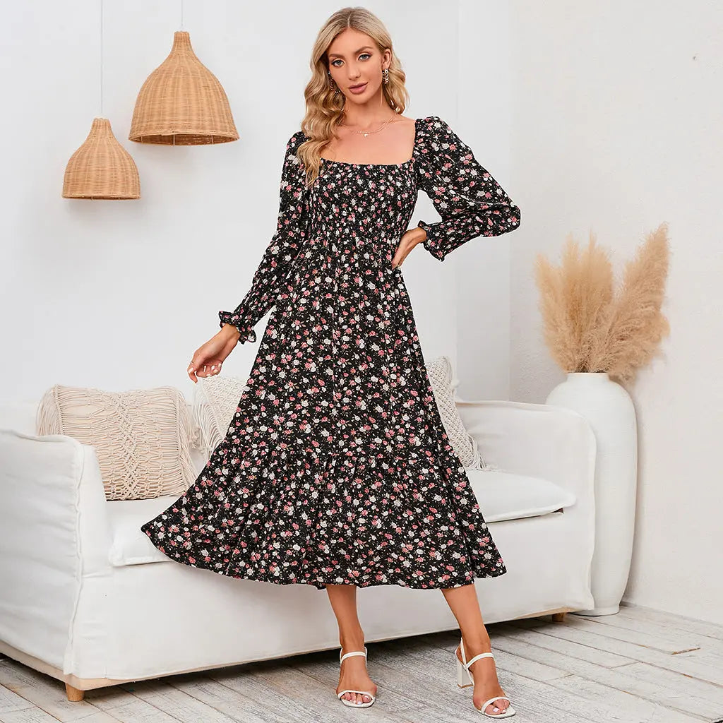 Chiffon European And American Square Collar Horn Printing Comfortable Floral Skirt CJ