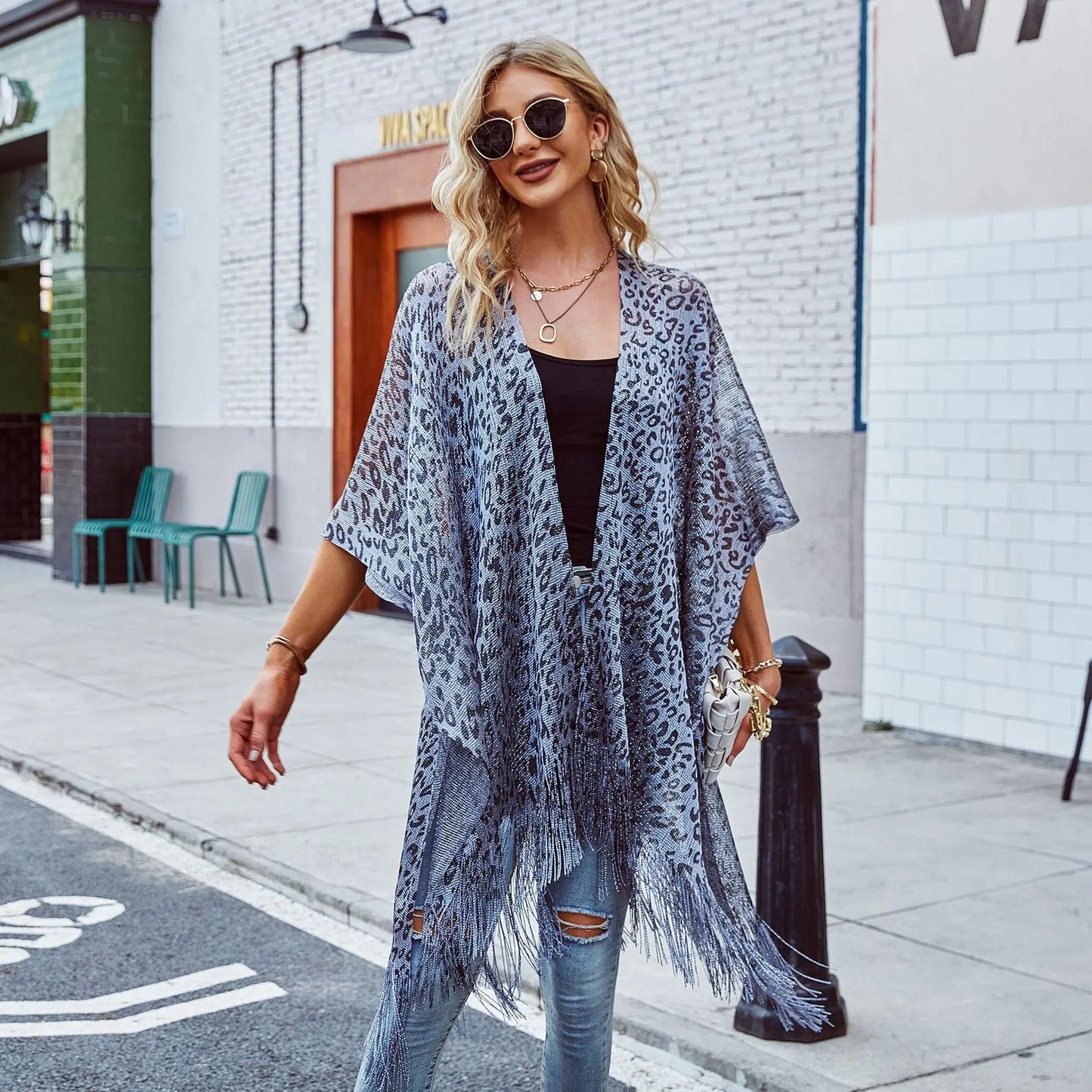 Solid Color Leopard Print Smock Shawl Tassel CJ