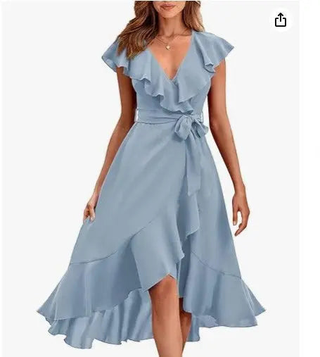 Women's V-neck Short Sleeve Ruffles Long Tie Dress CJ