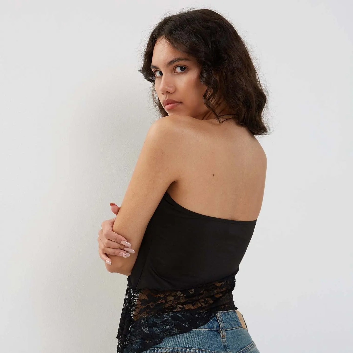 Women's Mesh Lace Top Spring Sexy Black Knitted Top CJ