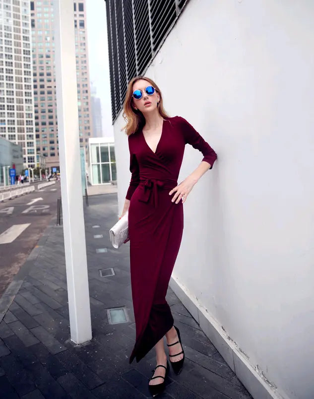 New V-neck Tie Waist Slim Slimming Dress CJ