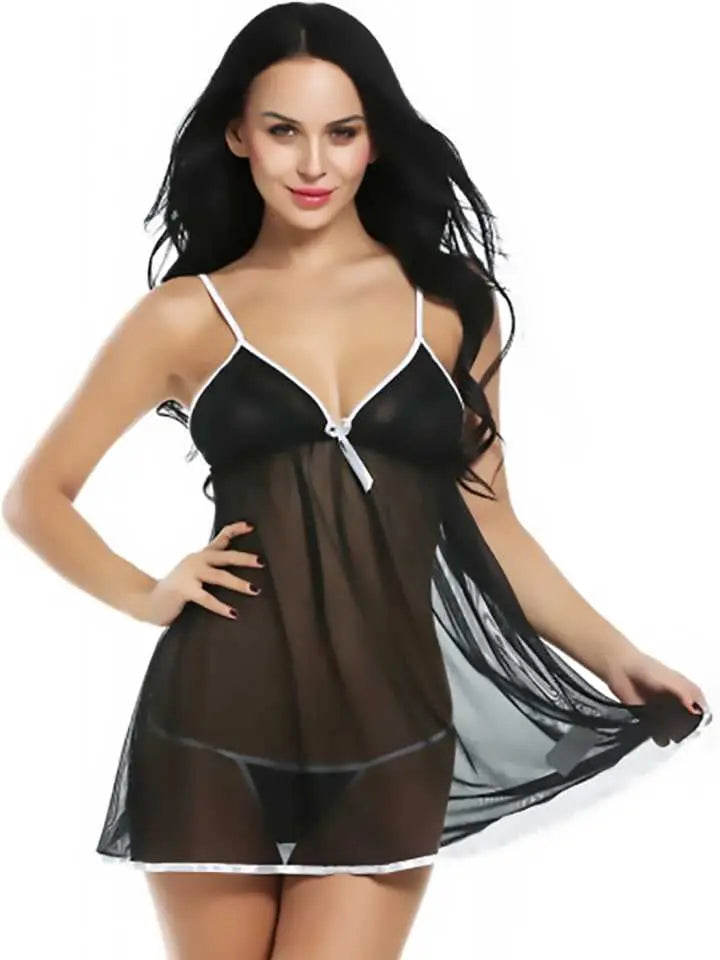 Women's Sexy Black and White Sheer Babydoll Nightwear - Elegant Lingerie with White Trim Accents Attractive Sister